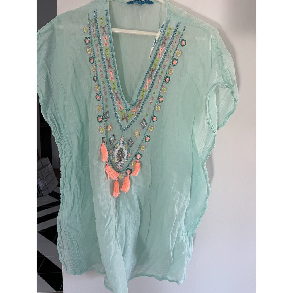 Blue Island Womens M Top Cover Up Gauze Beads  V Neck Beach Boho Hippie